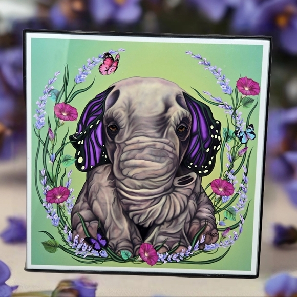 Lavender Butterphant Other - Lavender Butterphant By Lorraine Martin Giclee Print Framed Colorful Elephant